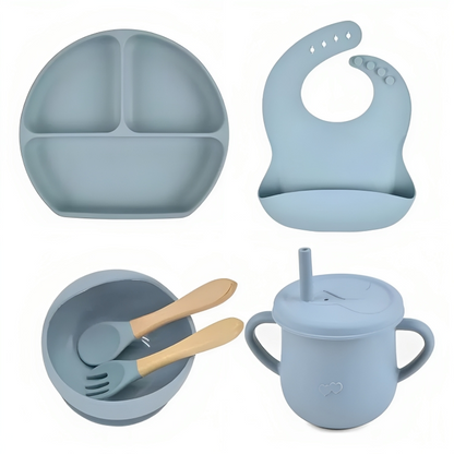 Set Vajilla de Silicona para Bebés con Platos, Babero y Cubiertos Anti Derrame