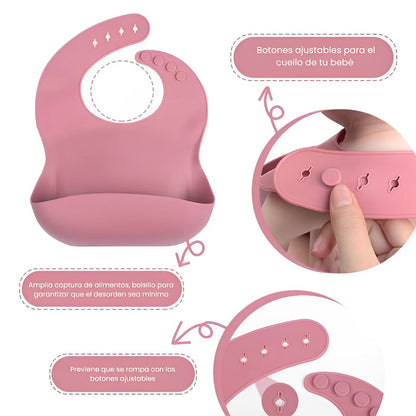 Set Vajilla de Silicona para Bebés con Platos, Babero y Cubiertos Anti Derrame