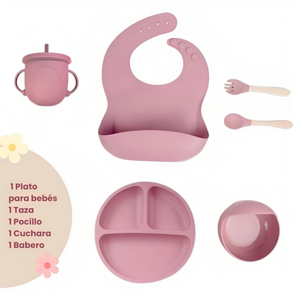 Set Vajilla de Silicona para Bebés con Platos, Babero y Cubiertos Anti Derrame