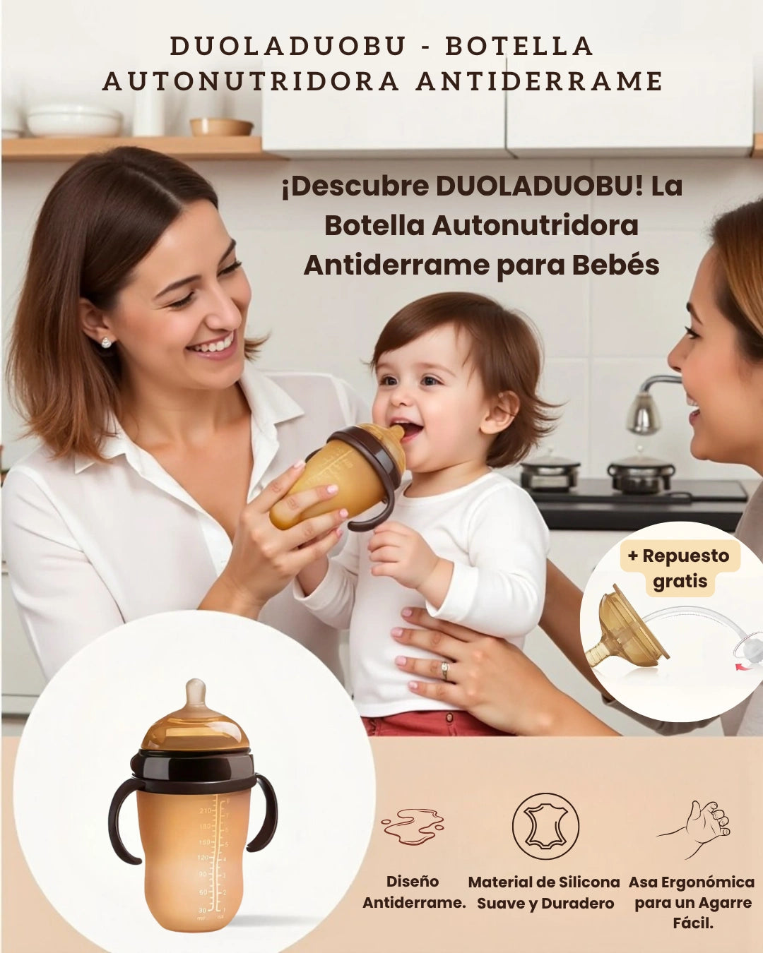 Botella Autonutridora Antiderrame DUOLADUOBU + repuesto obsequio