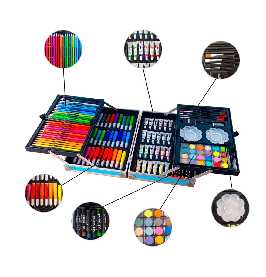 Set Kit Creativo Arte Dibujo Maleta Metálica X 145 Piezas